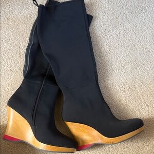 DKNY Black Knee-High Wedge Boots with Wood Heel
